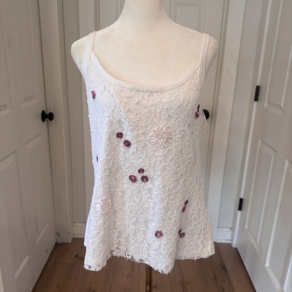 Peter Nygard White‎ Lace Embellished Floral Sequin Beaded Cami Tank Top Sz L